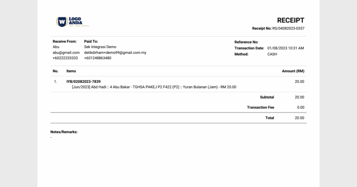 Demo sistem resit online Kutipan.my menunjukkan resit pembayaran profesional